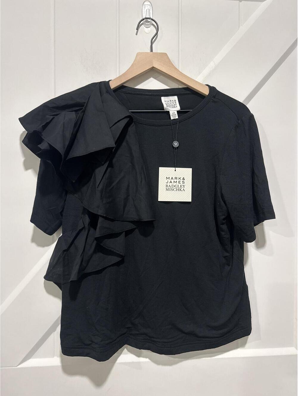 Mark & James by Badgley Mischka Black Ruffle Detail Short Sleeve Top, Size L